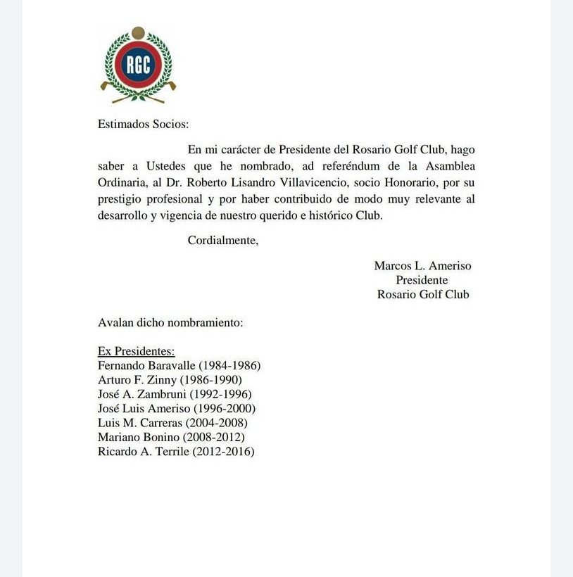 Nombramiento del Dr. Roberto Lisandro Villavicencio como Socio Honorario del Rosario Golf Club.